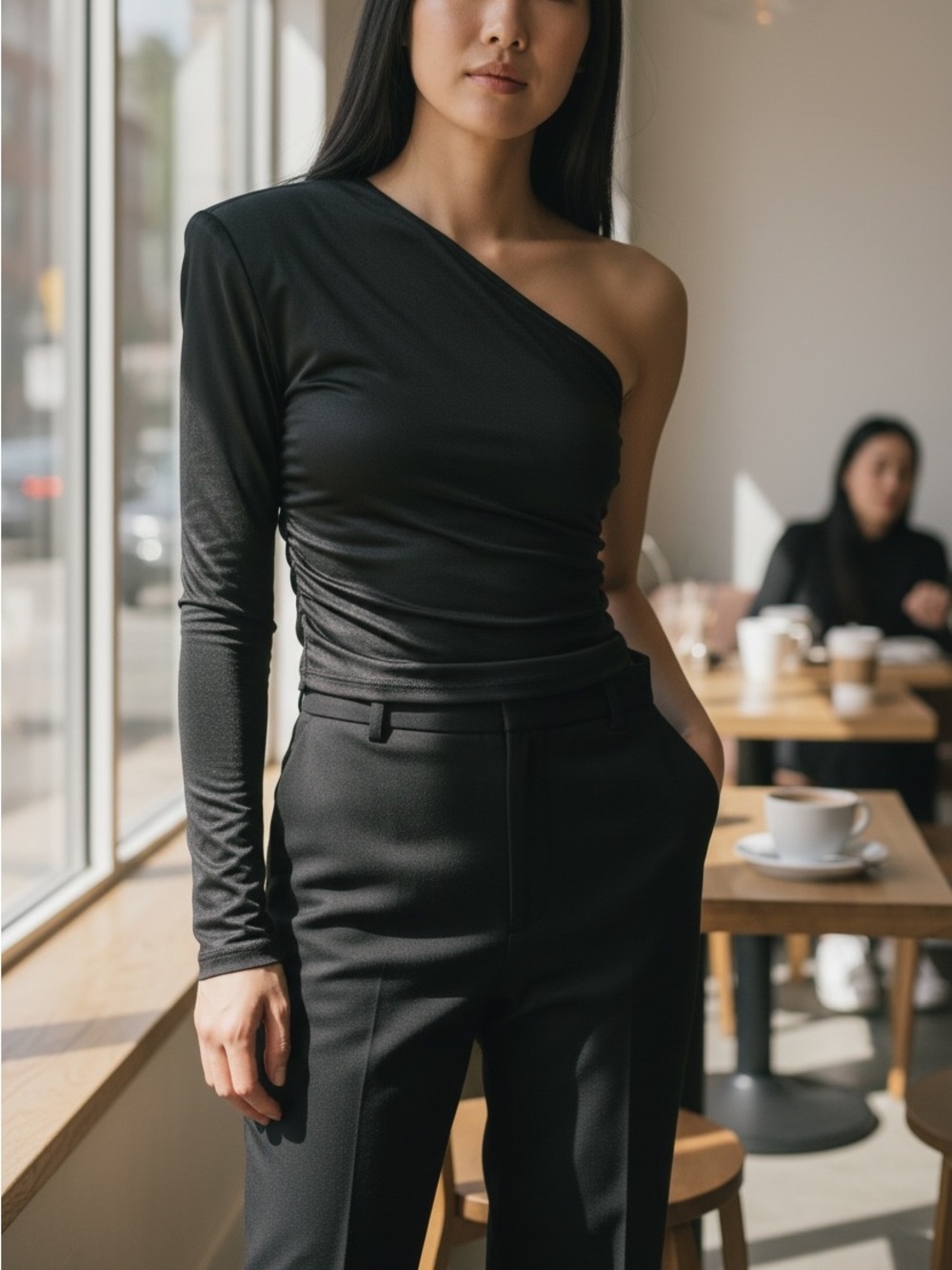 Express Black Asymmetrical One-Sleeve Satin Top